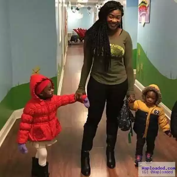 Photo: Mercy Johnson Shows Off Her New Trim Figure While Dropping Her Kids In School